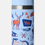 Light blue Yeti bottle with a straw lid that has camping and nature pictures all over it against a white background.