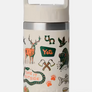 Tan Yeti bottle with straw lid that has camping and nature pictures all over it against a white background.