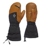 Brown and black leather and canvas mittens against a white background.