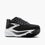Black running shoe with white sole on a white background