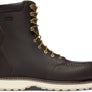 Brown work boot with yellow laces against a white background