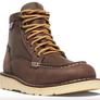 Brown boot with cream colored soles and yellow and brown laces against a white background.