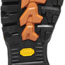 Close-up of a black and orange sole with a logo on a white background