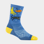 Blue sock with yellow toe and heel that has rain drops, umbrellas, cats and dogs against a white background.