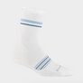 White sock with dark blue and light blue stripes on the foot and leg part of the sock against a white background.