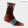 A sock that is burgundy, orange and light blue with a burgundy bear on the leg part against a white background.