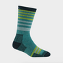 Teal sock that has light blue and lime green stripes and dark teal accents against a white background.