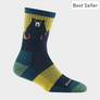 A sock that is dark teal, light teal and yellow sock with a bear on the leg part of the sock.