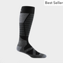 Tall black sock with dark grey and light grey accents against a light grey background.