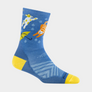 Blue sock with cats and dogs on it along with umbrellas and rain drops. The toe and heel of the shoe is a bright yellow.