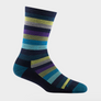 Dark navy blue sock with lime green, purple, light blue, and teal stripes.