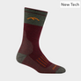 Maroon and olive green colored socks with orange accents against a light grey background.