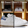 A white shoe that shoes the before and after of it getting cleaned with Jason Markk essential kit.