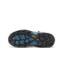 Sole of a shoe that is black and blue with a yellow brand logo for Keen against a white background.
