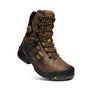 Brown work boot with black sole on a white background