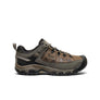 Side view of a shoe that is brown, dark green, and black with the keen logo on the side against a white background