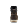 Back view of a dark brown boots with a tan sole against a white background.