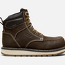 Dark brown boots that have black and yellow accents with a tan sole against a white background.