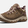 Angled side view of a light brown shoe with tan and dark purple accents against a white backdrop.