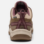 Back view of a light brown shoe with tan and dark purple accents with the Keen logo on the heel of the shoe.