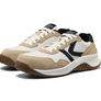 A pair of white shoes with tan and black accents that has a black K on the side of the shoe.