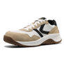 Side view of a white shoes with tan and black accents and has a large black K on the side of the shoe.