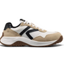 Side view of a white shoe with tan and black accents that has a large black K on the side of the shoe.