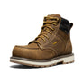 Brown work boot with yellow laces on a white background