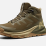 Olive green shoe with Kahaki accents and a Keen logo on the side.