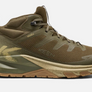 Side profile of an olive green shoe with khaki accents against a white background