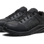 Angled view of a pair of black shoes with a brand logo on the side against a white background