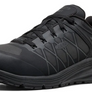 Side view of a black shoe with a brand logo on the side against a white background.