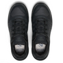 Top view of a pair of black shoes with white insoles and branding on the tongue against a white background