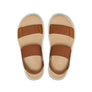Pair of tan sandals with brown straps on a white background