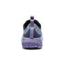 Back view of a purple and black sneaker on a white background