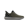 Olive green shoe with light grey shoe laces and a light grey sole.