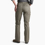 Back view of a person wearing pale dark green pants with a grey shirt against a white background.
