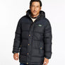 Person wearing a black puffy jacket with LL Bean tag on the front.
