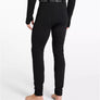 Back view of a person wearing black pants that has a black waist band that says LL Bean in a light grey color.
