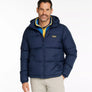 Person wearing a navy blue jacket with an embroidered LL Bean patch on the front left chest area.