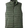 Dark green puff vest against a white background.