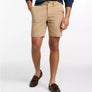 Person wearing beige shorts and brown loafers on a white background