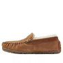 Side profile of a light brown shoe with white fluffy inside against a white background.
