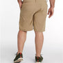 Person wearing beige shorts on a white background