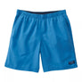 Blue shorts with a brand label on a white background