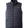 Navy blue zip up vest against a white background.