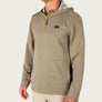 Person wearing a tan 1/4 zip hoodie with khaki pants.