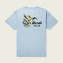 Dusty blue shirt that has a duck on the back and a brand logo for Marsh Wear.