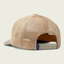 Back of a trucker hat that is light brown and a snap for sizing on a light grey background