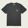 Grey t-shirt with a small logo against a beige background